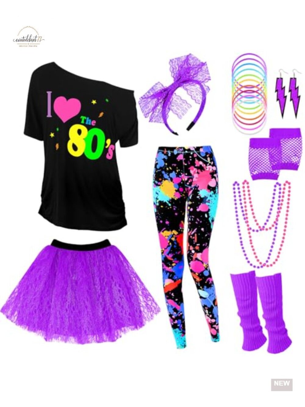 80s Costume Set Women 19 Piece Outfit Leggings Tutu Fishnet Gloves